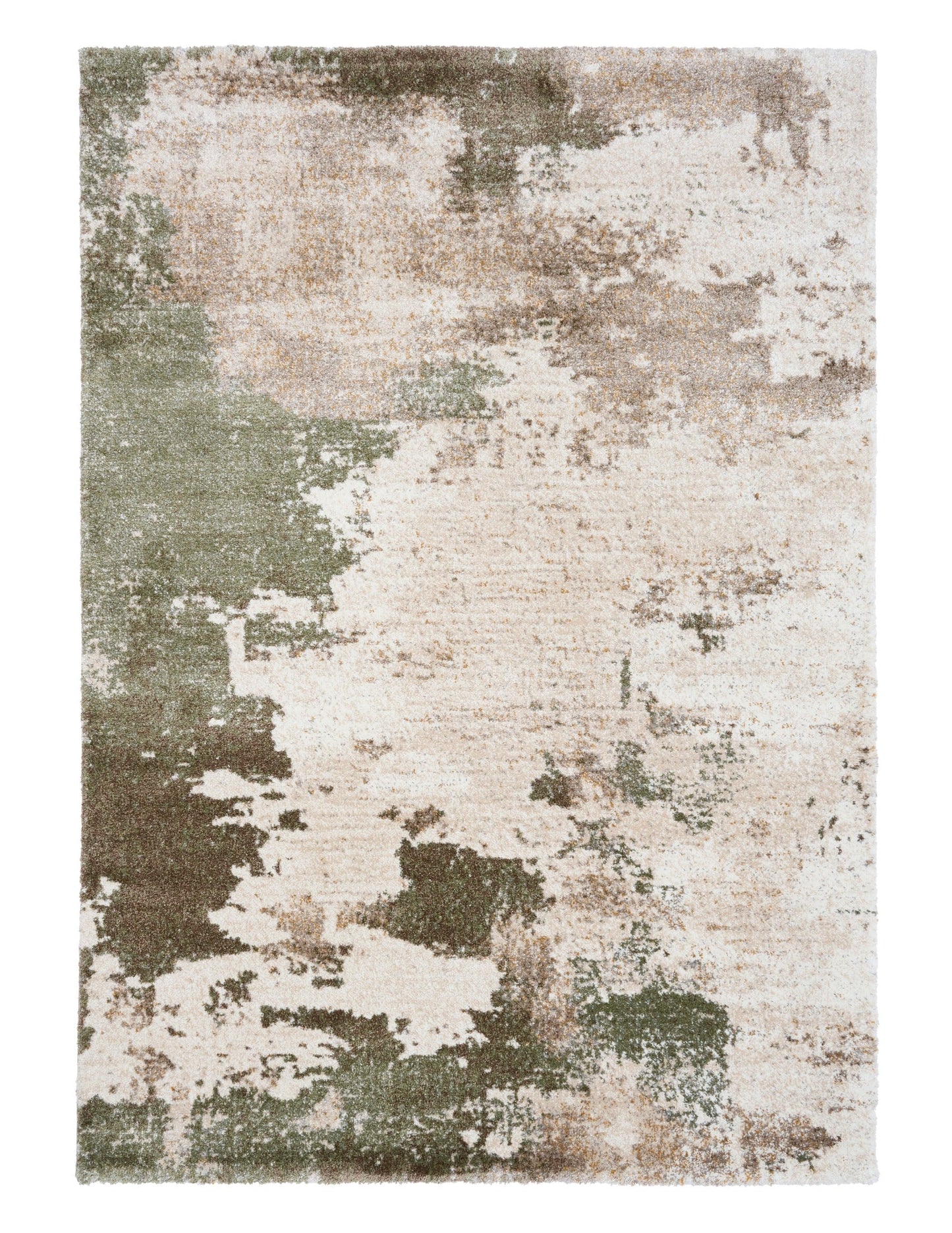 Green and cream abstract distressed area rug with flat textured weave appearance