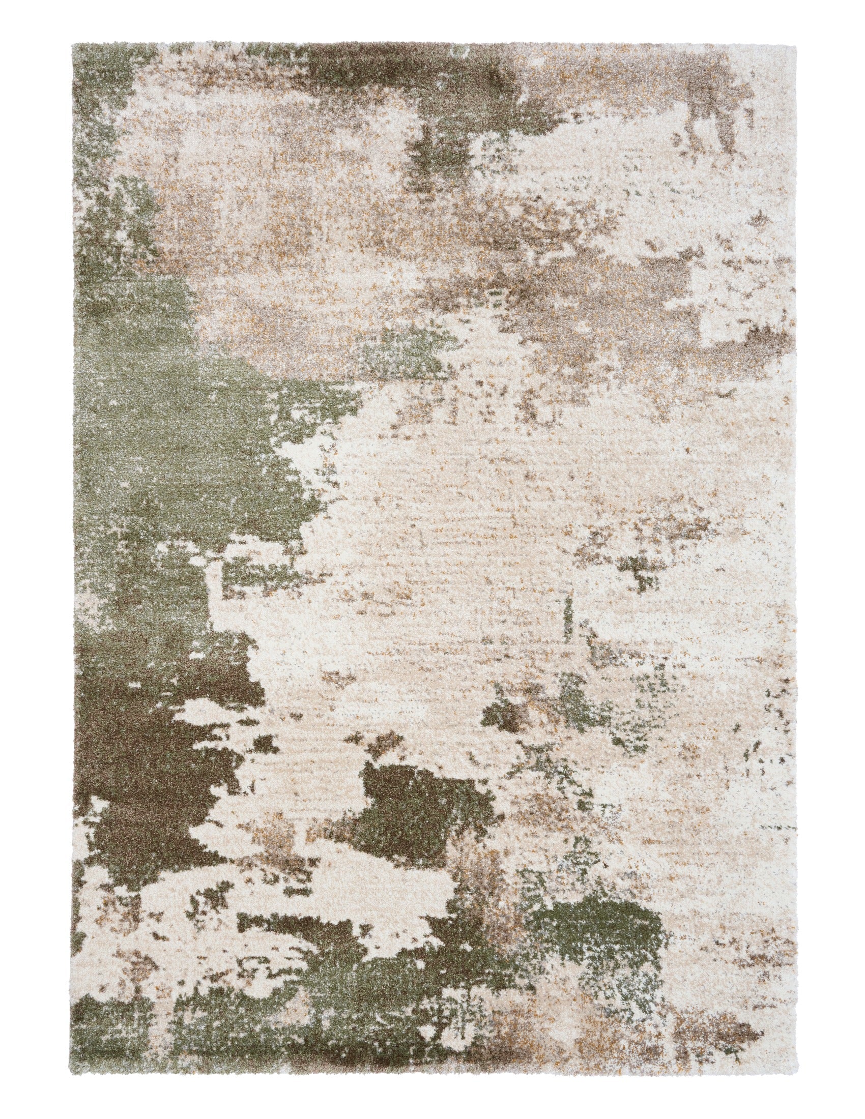 Green and cream abstract distressed area rug with flat textured weave appearance