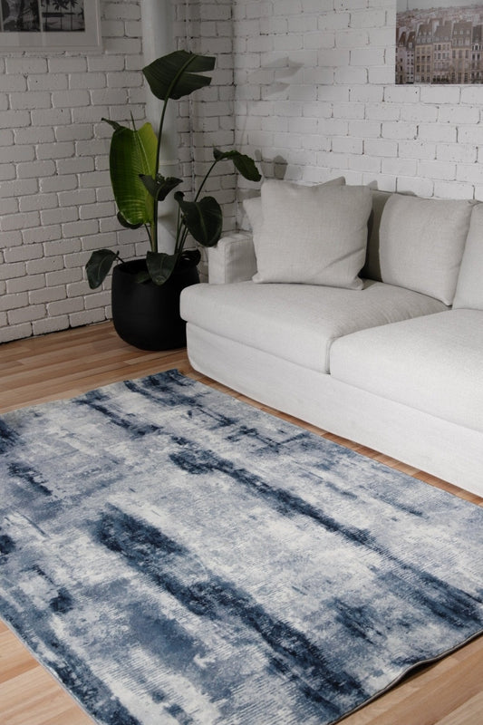 Zoe printed modern medium rug, rectangular blue-and-white abstract stripe design