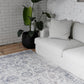 Ivory and blue distressed printed modern rug, medium size