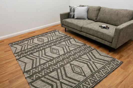 Charcoal modern wool floor rug with geometric gray pattern, rectangular area rug
