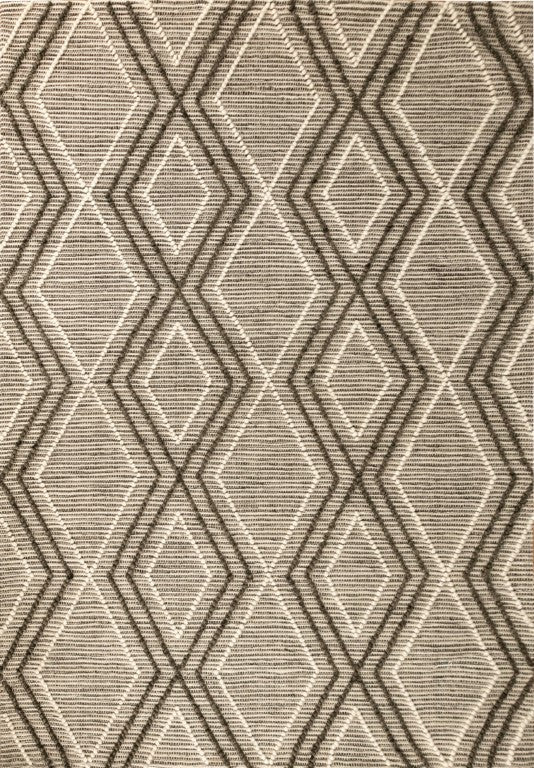 Modern wool rug with geometric diamond pattern in charcoal and cream.