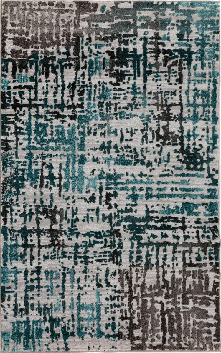 Grey and teal-blue abstract area rug pattern, distressed blocks