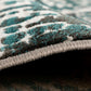 Close-up of textured abstract floor rug with teal pattern and gray bound edge