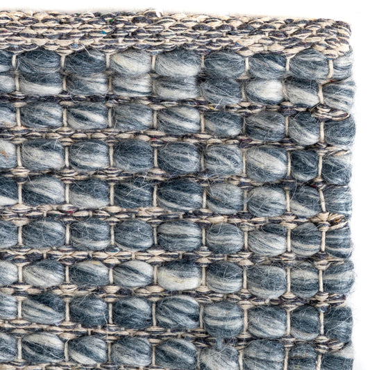 Wool rug close-up with blue-gray looped weave and stitched edge