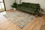 Distressed multi-color area rug with central medallion and ornate border on light base
