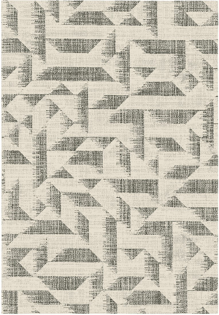 Geometric area rug with gray and gold abstract pattern on light background