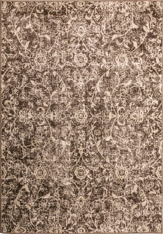 Rectangular area rug in ash grey with distressed abstract damask-like pattern